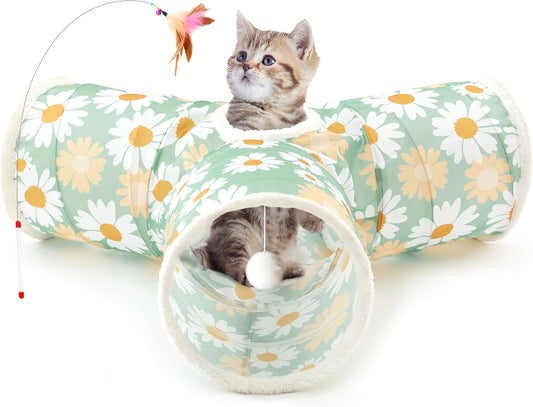 Cat Tunnel 3-Way Peekaboo Toy with Dangling Ball, Daisy Green