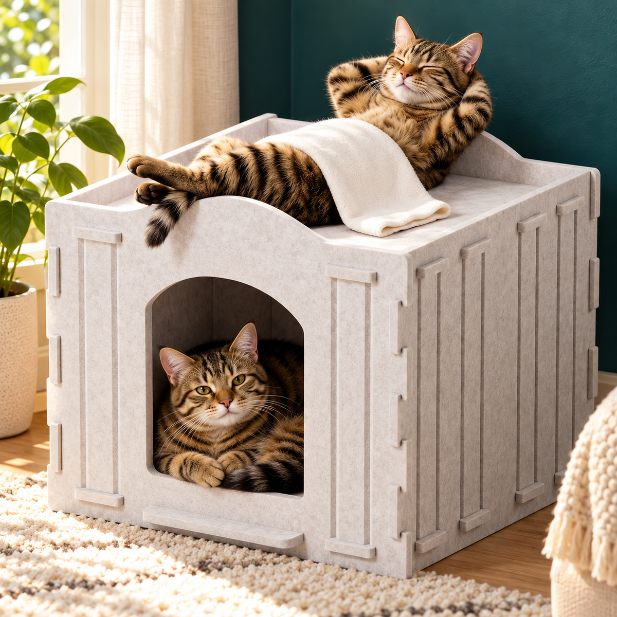 Felt Cat Cave Bed with Fluffy Ball for indoor cats, cat sleeping in the cave