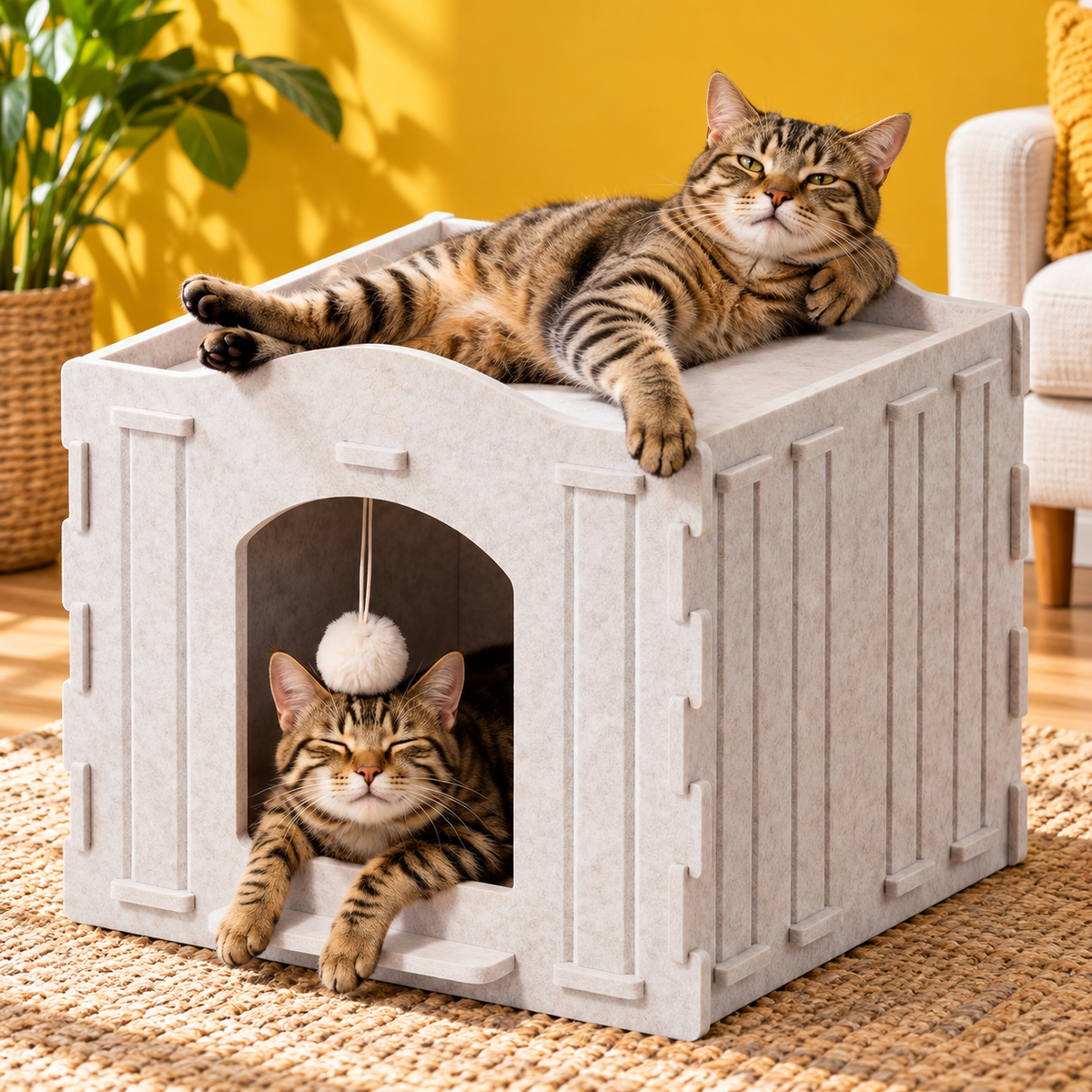 Felt Cat Cave Bed with hanging fluffy ball, indoor cat napping inside