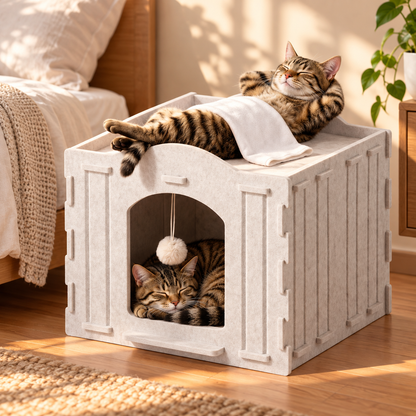 Felt Cat Cave Bed in a bedroom, cat napping on top and inside