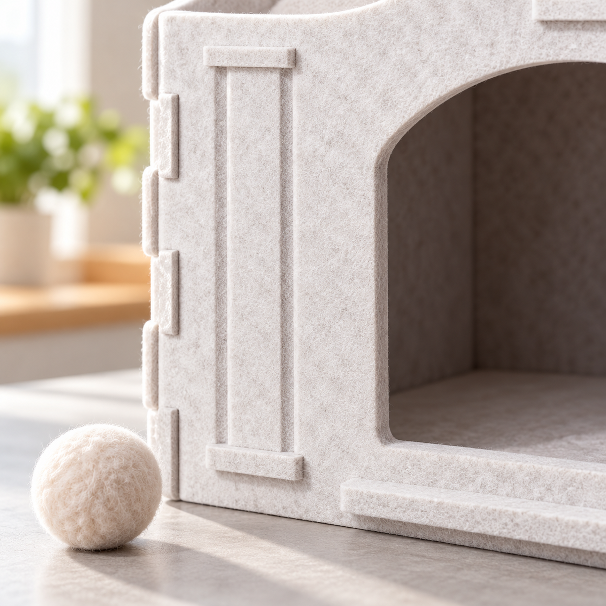 Felt Cat Cave Bed close-up with a felt ball toy
