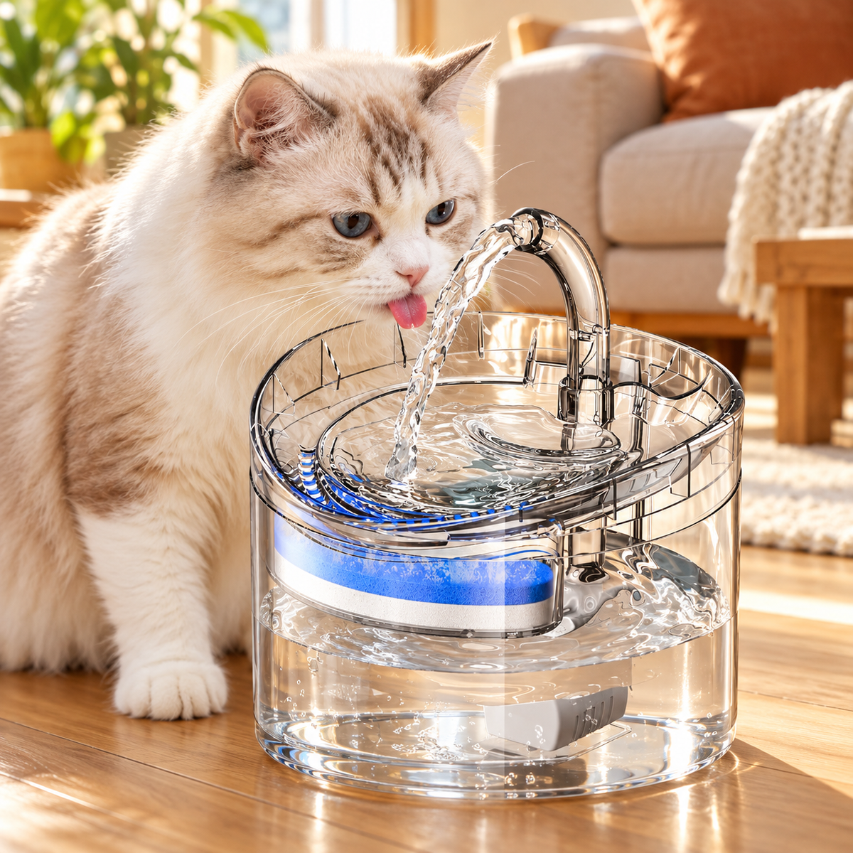 Cat Water Fountain 61oz Clear Pet Drinking Fountain - in a living room corner