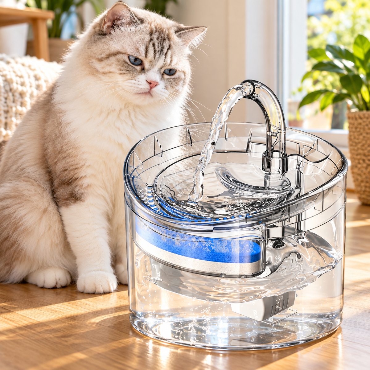 Cat Water Fountain 61oz Clear Pet Drinking Fountain - on a sunny floor