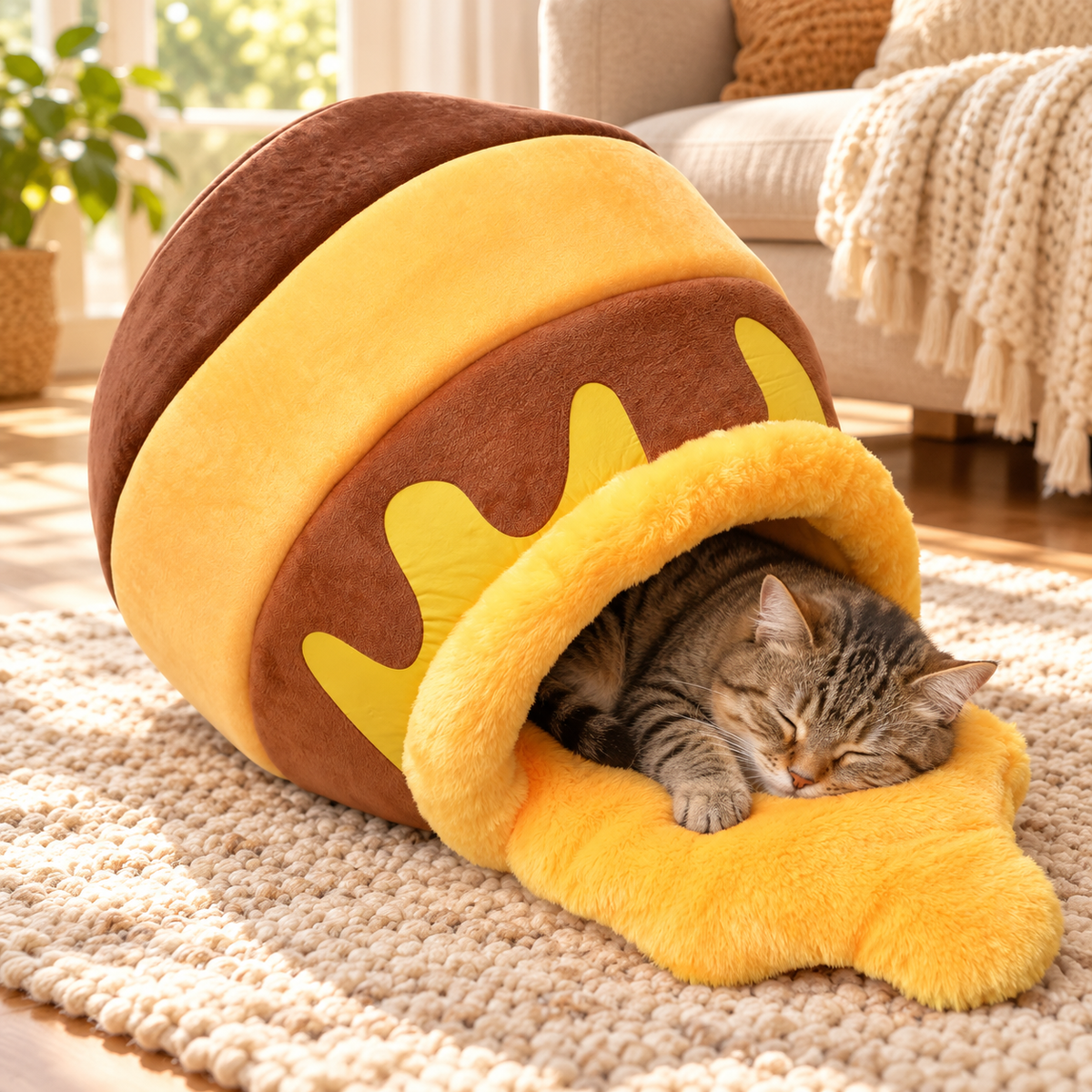 Honey pot cat cave bed with a cat inside