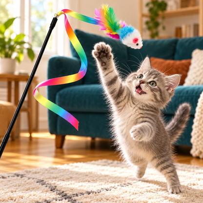 26-Piece Interactive Kitten Toy Variety Pack - lifestyle, kitten batting a rainbow wand toy