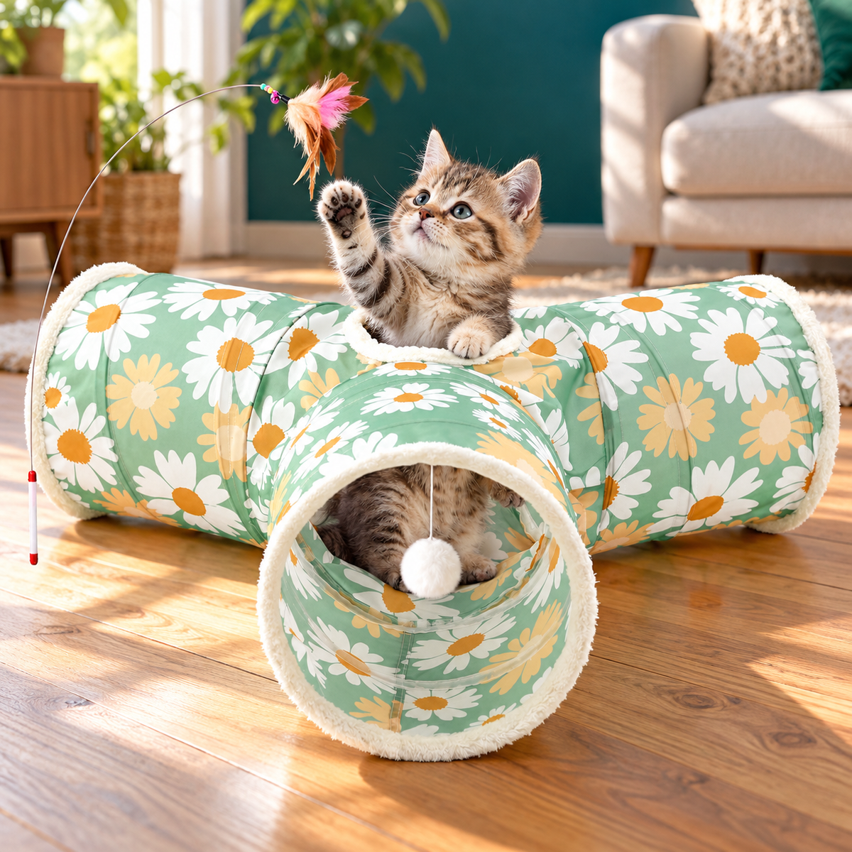 Daisy green 3-way cat tunnel with a kitten peeking out of the tunnel