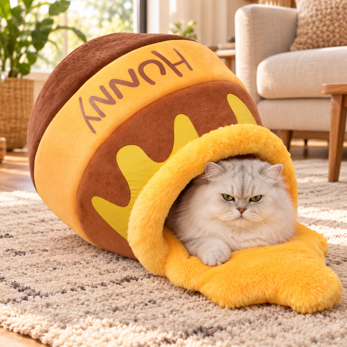 Honey pot cat cave bed with a cat inside