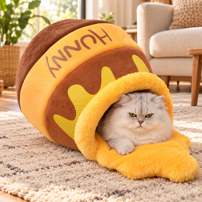 Honey pot cat cave bed with a cat inside