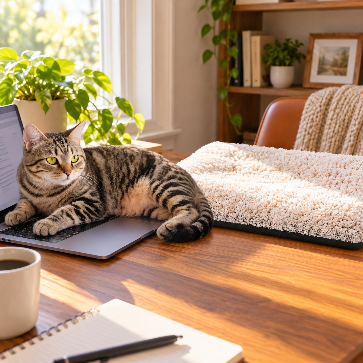 Self-Warming Cat Bed 15x19 - cat lying on a laptop beside the bed on a desk