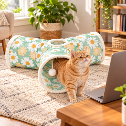 Orange cat walking through a daisy print cat tunnel in a living room