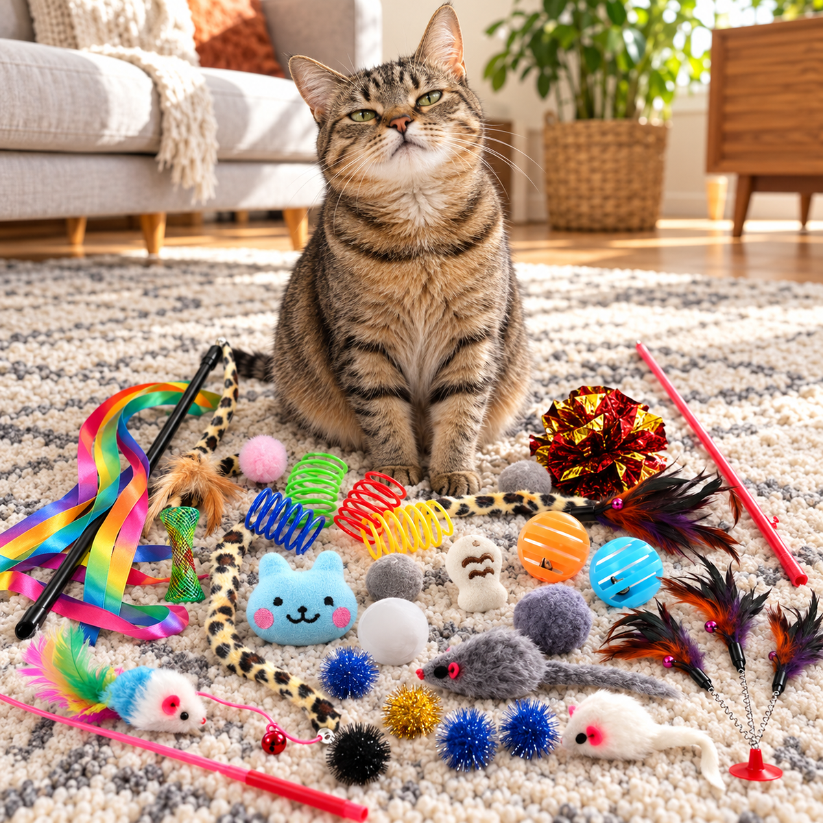 26-Piece Interactive Kitten Toy Variety Pack - all 26 toys laid out with a cat