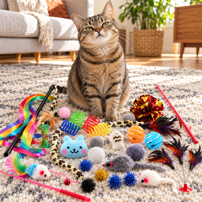 26-Piece Interactive Kitten Toy Variety Pack - all 26 toys laid out with a cat