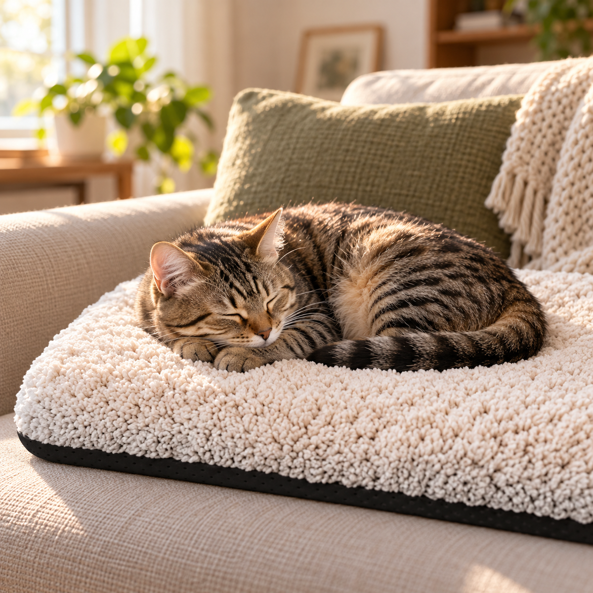 Self-Warming Cat Bed 15x19 - cat napping on the bed on a sofa