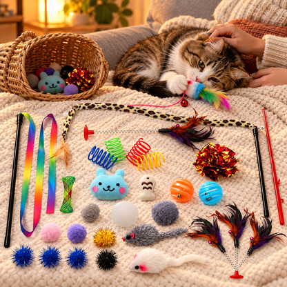 26-Piece Interactive Kitten Toy Variety Pack - toy basket and cat playing
