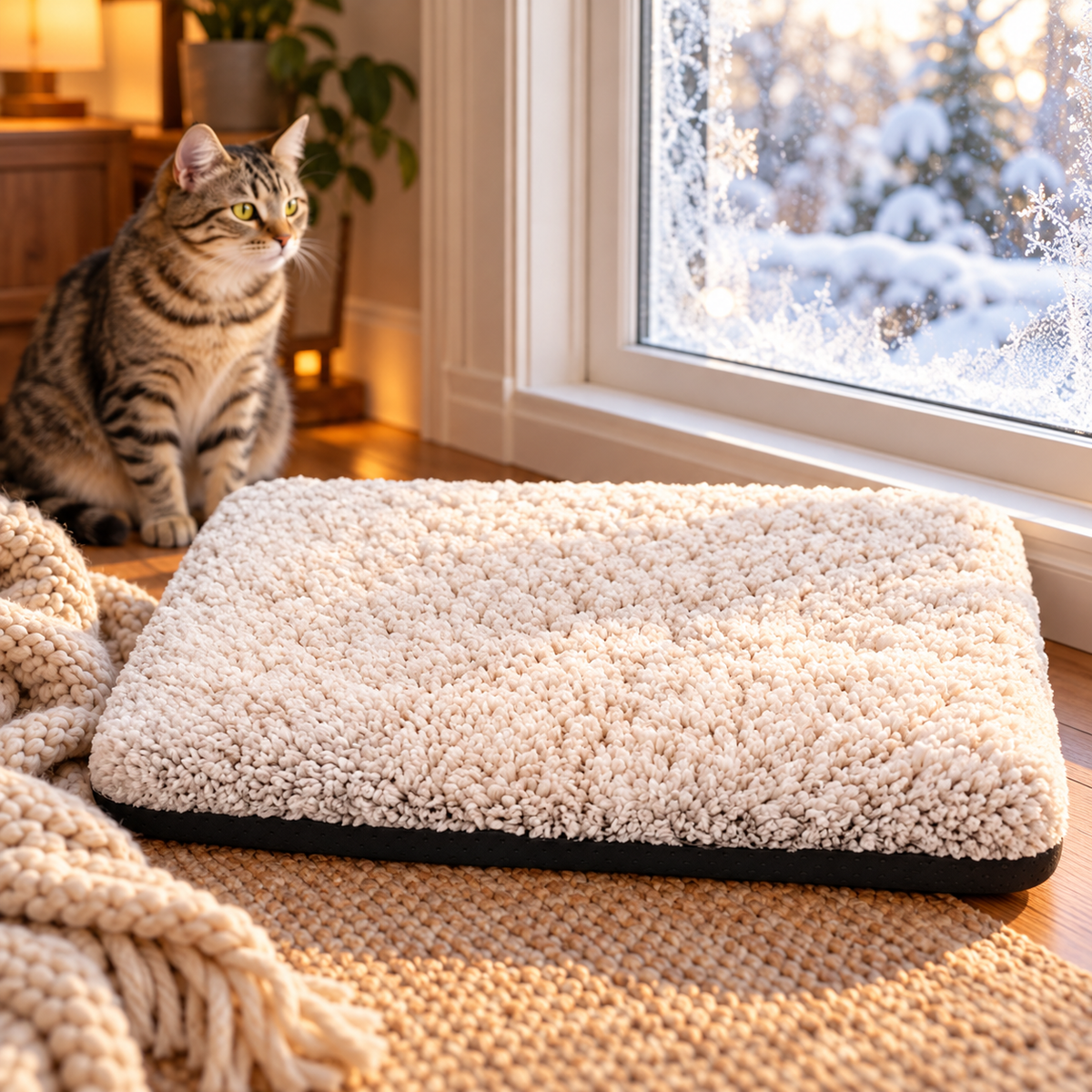 Self-Warming Cat Bed 15x19 - bed by a window on a snowy morning