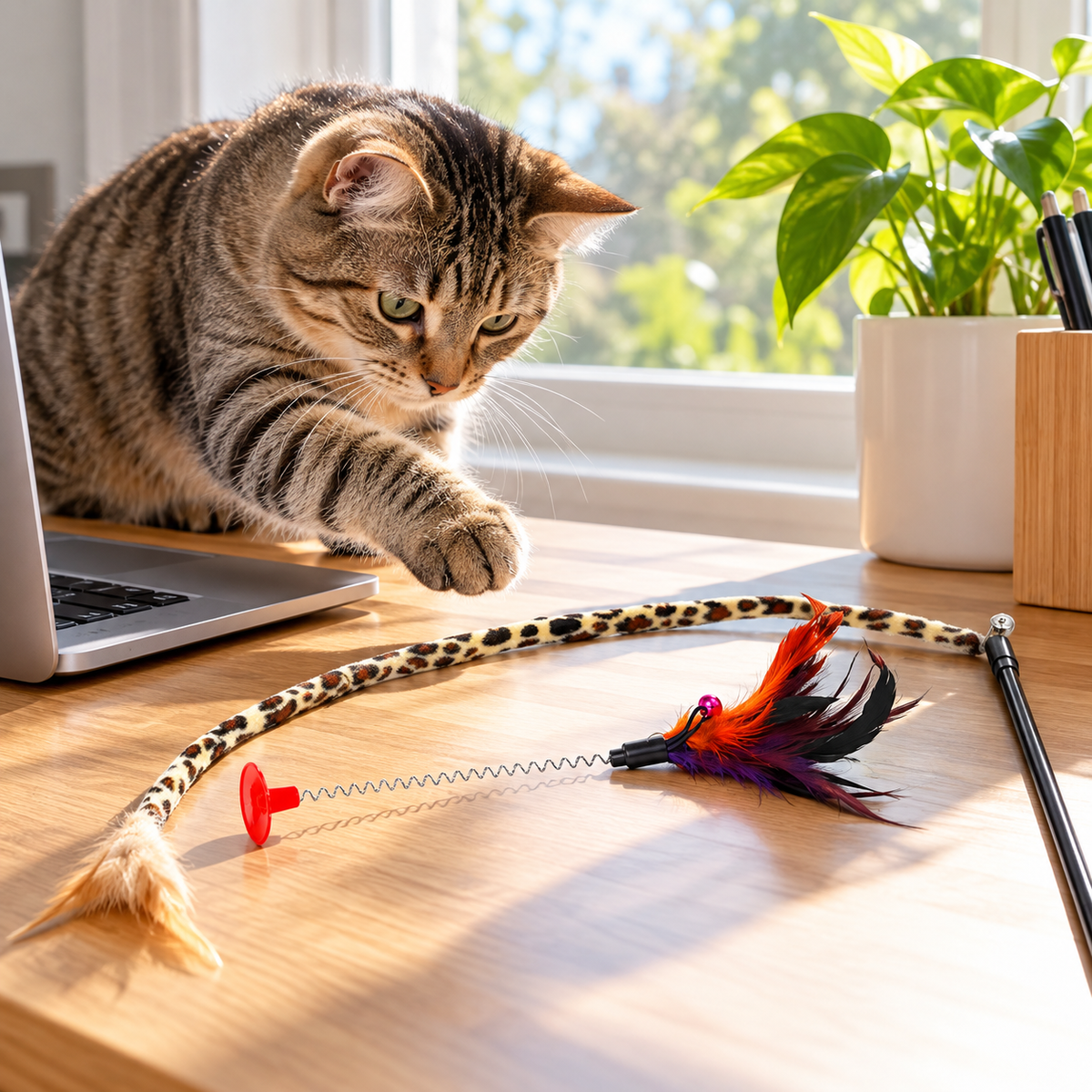 26-Piece Interactive Kitten Toy Variety Pack - wand toy on a desk with a cat