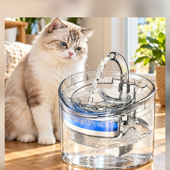 Cat Water Fountain 61oz clear pet drinking fountain, cat drinking from the moving water stream