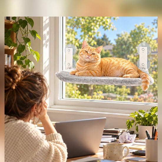 The Window Perch cat window hammock, cat sunbathing on the suction-cup perch by a sunny window