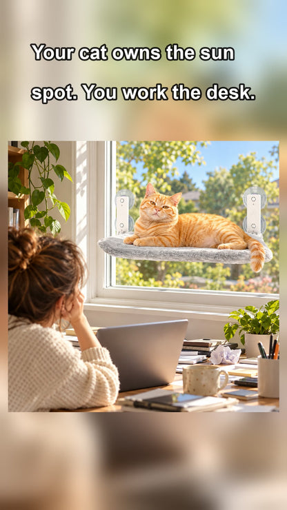 The Window Perch cat window hammock, cat sunbathing on the suction-cup perch by a sunny window