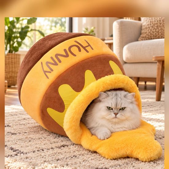 Honey Pot Cat Cave Bed, cat curled up inside the honey-jar cave bed