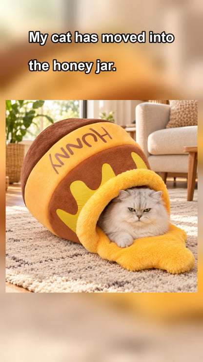 Honey Pot Cat Cave Bed, cat curled up inside the honey-jar cave bed