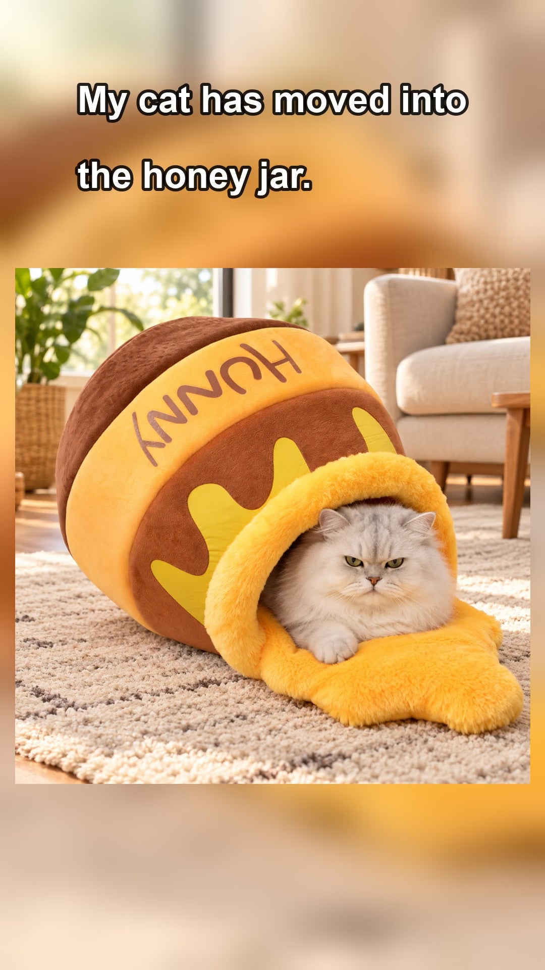 Honey Pot Cat Cave Bed, cat curled up inside the honey-jar cave bed