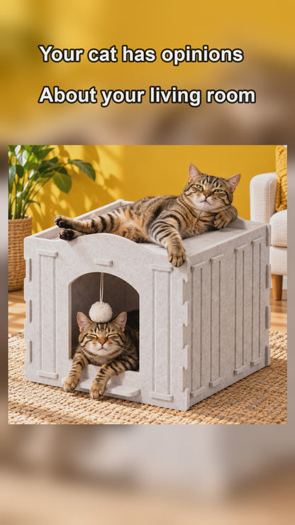 Felt Cat Cave Bed with Fluffy Ball, short video of a cat in the cave