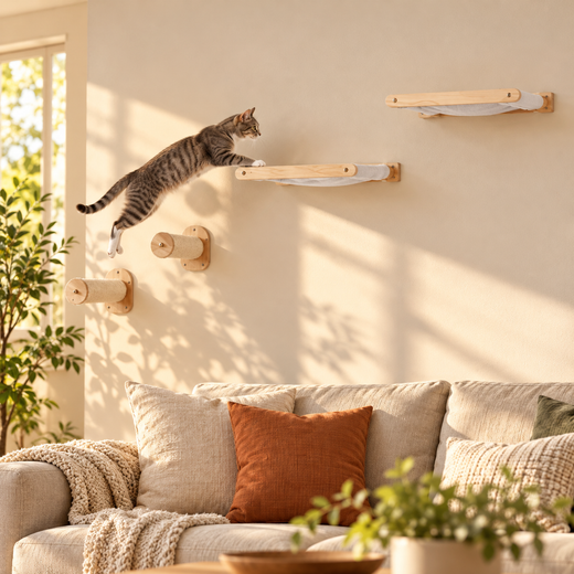 Cat leaping between wall-mounted perches and sisal steps above a sofa
